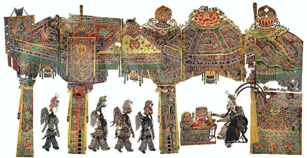 A Chinese shadow-puppet scene with five standing figures and a seated character beneath richly patterned floral canopies.